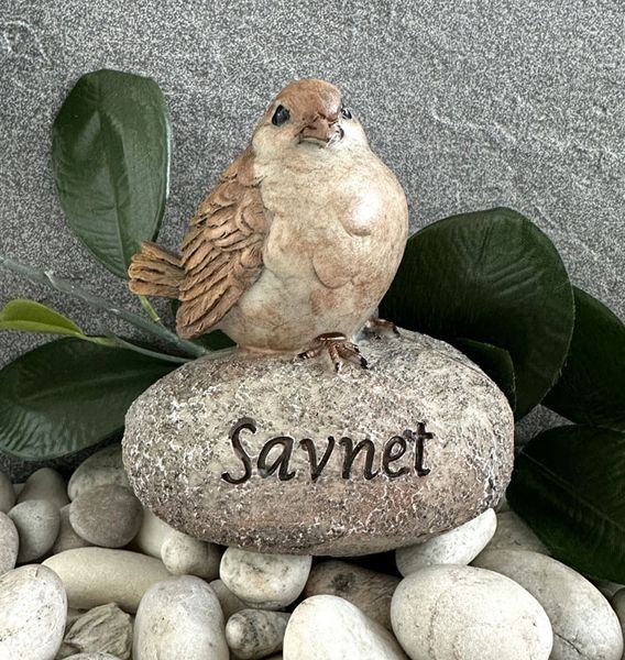 Gravpynt. Brun fugl på stein med teksten "Savnet"