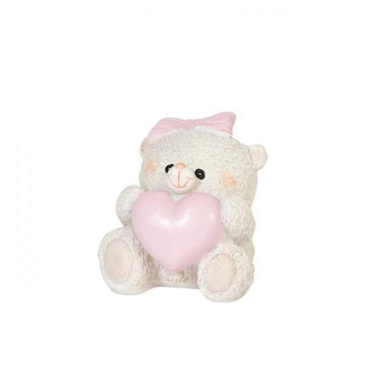 Bordpynt, teddybjørn med rosa hjerte og rosa sløyfe.