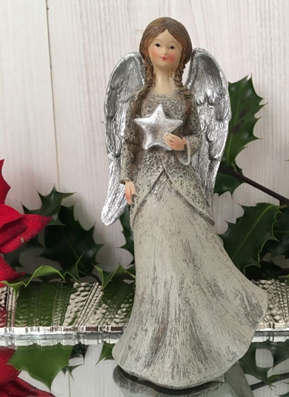 Englefigur som holder en stjerne, grå/sølv, liten