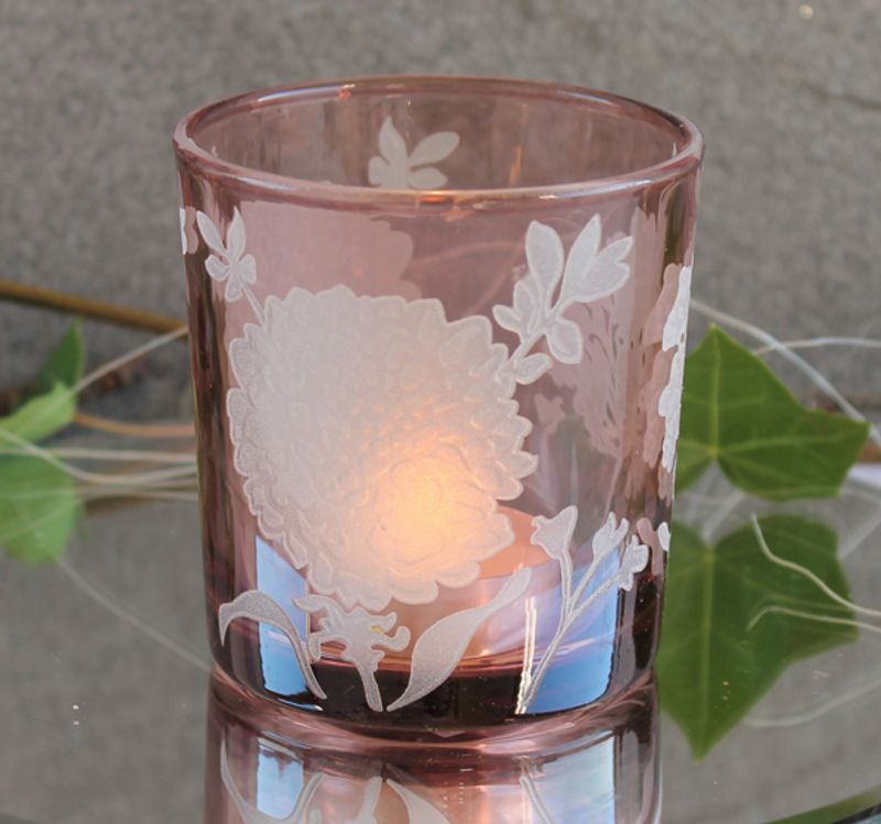 Telysglass med blomst, rosa.