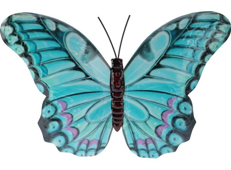 Sommerfugl i metall, for vegg, i fargen turkis.