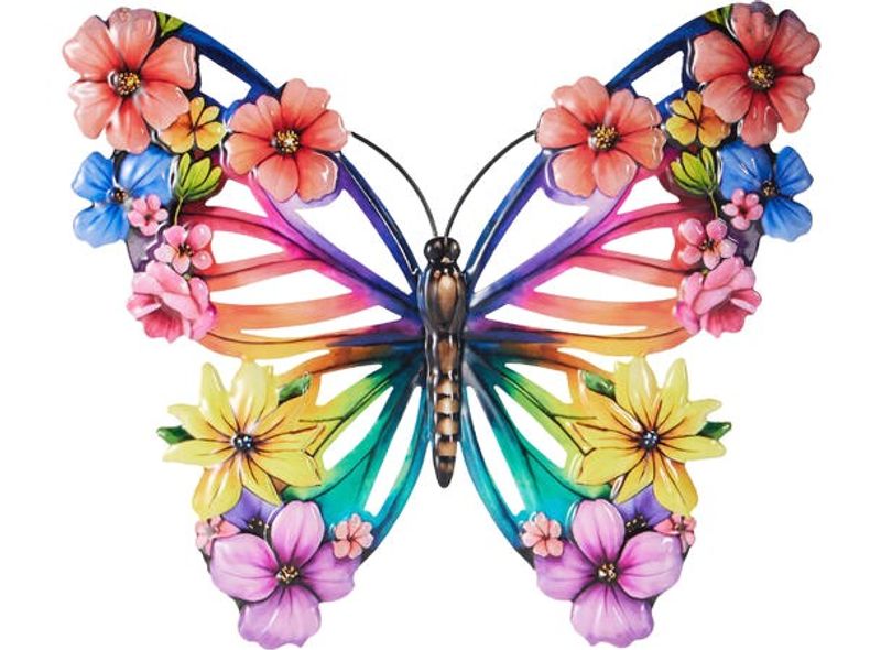 Sommerfugl, i metall, med blomster pynt i forskjellige farger.